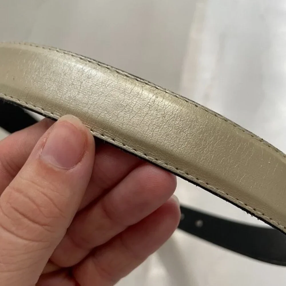 Vintage Creamy Metallic Leather Belt Mixed Metals Gold Silver Buckle - Small